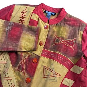 Vtg Indigo Moon Jacket Women's 1XL Red Gold Embroidered Button Front Long Sleeve